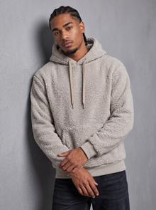 Men's grey fleece teddy pullover hoodie, front view