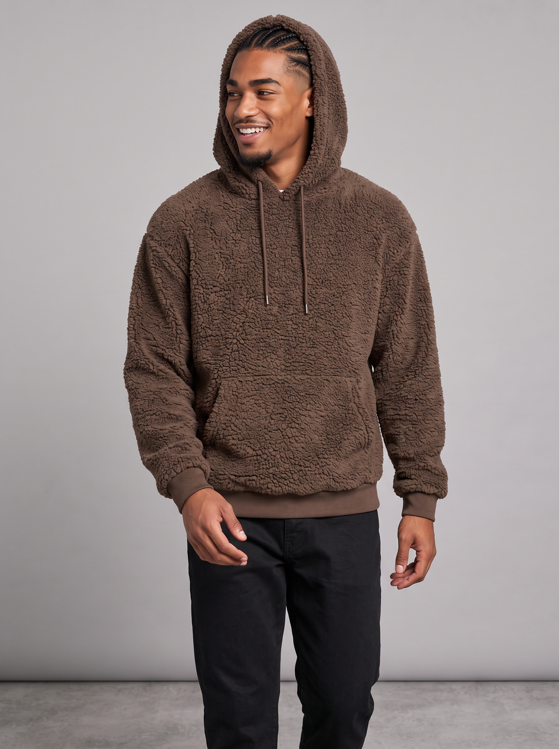 Men's brown fleece teddy pullover hoodie, front view