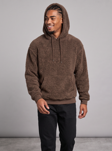 Men's brown fleece teddy pullover hoodie, front view