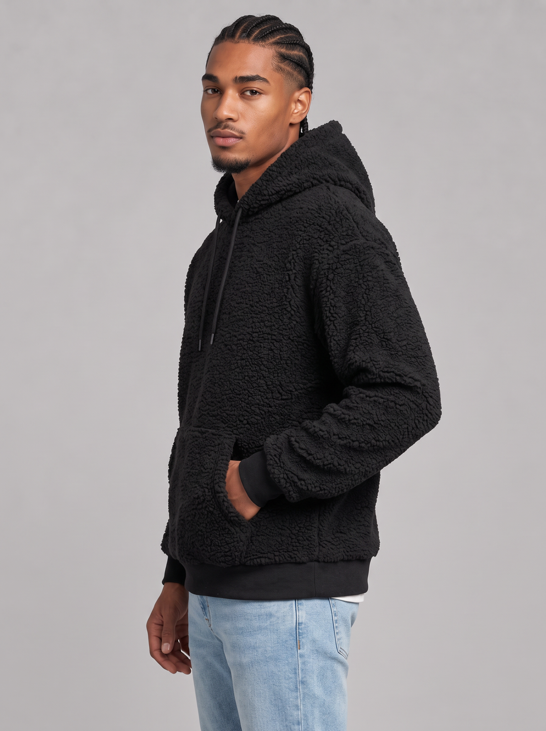 Men's black fleece teddy pullover hoodie, side view