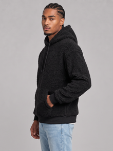Men's black fleece teddy pullover hoodie, side view