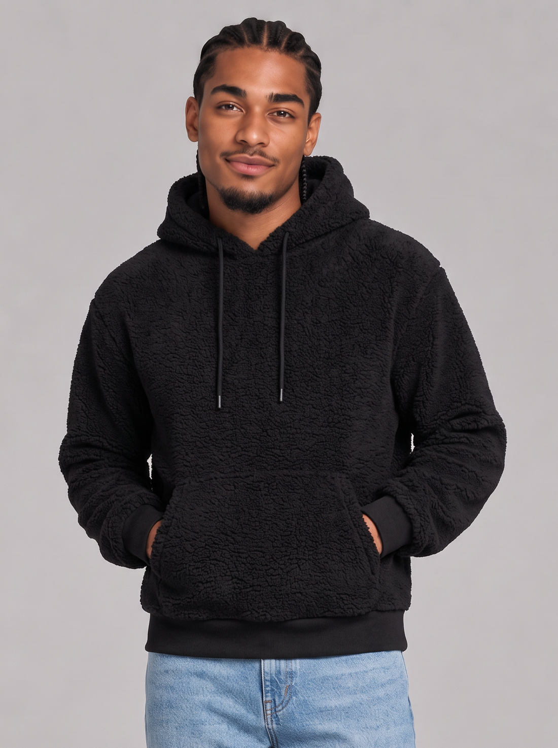 Men's black fleece teddy pullover hoodie, front view