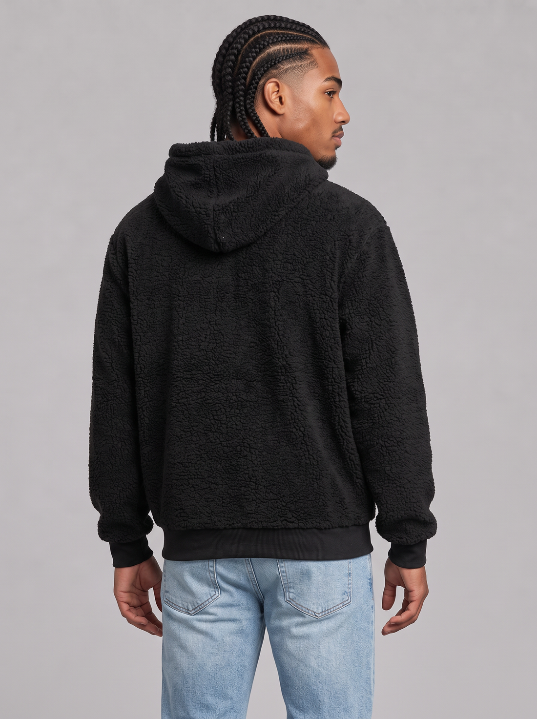 Men's black fleece teddy pullover hoodie, front view