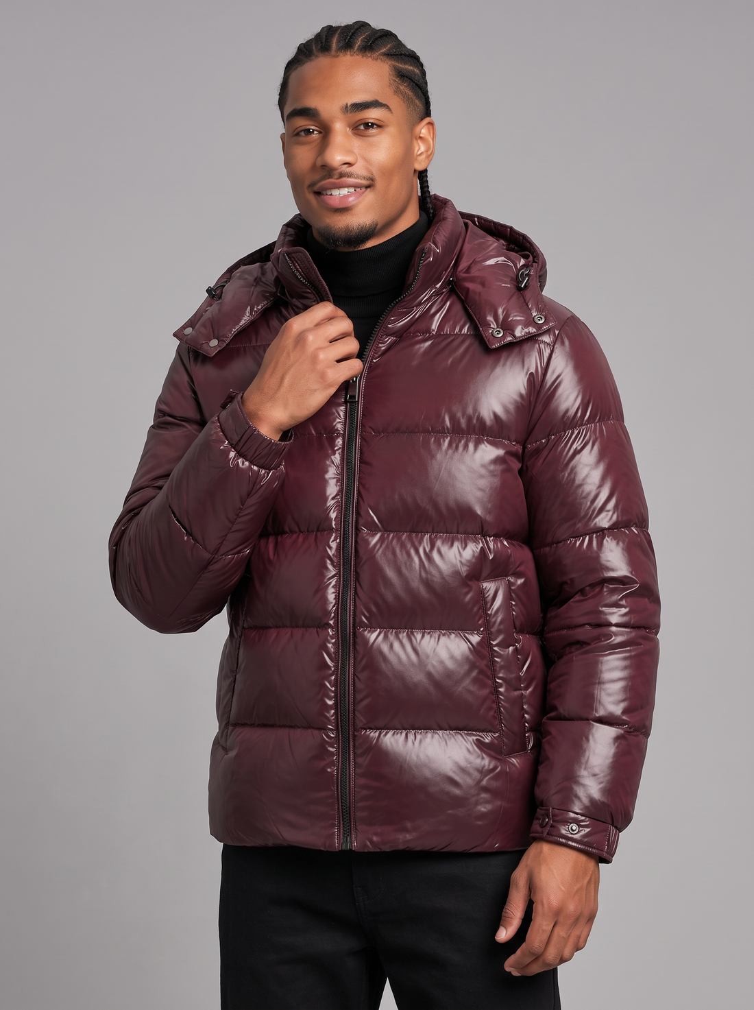 Men's wine red glossy hooded puffer jacket, front view