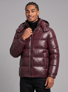 Men's wine red glossy hooded puffer jacket, front view