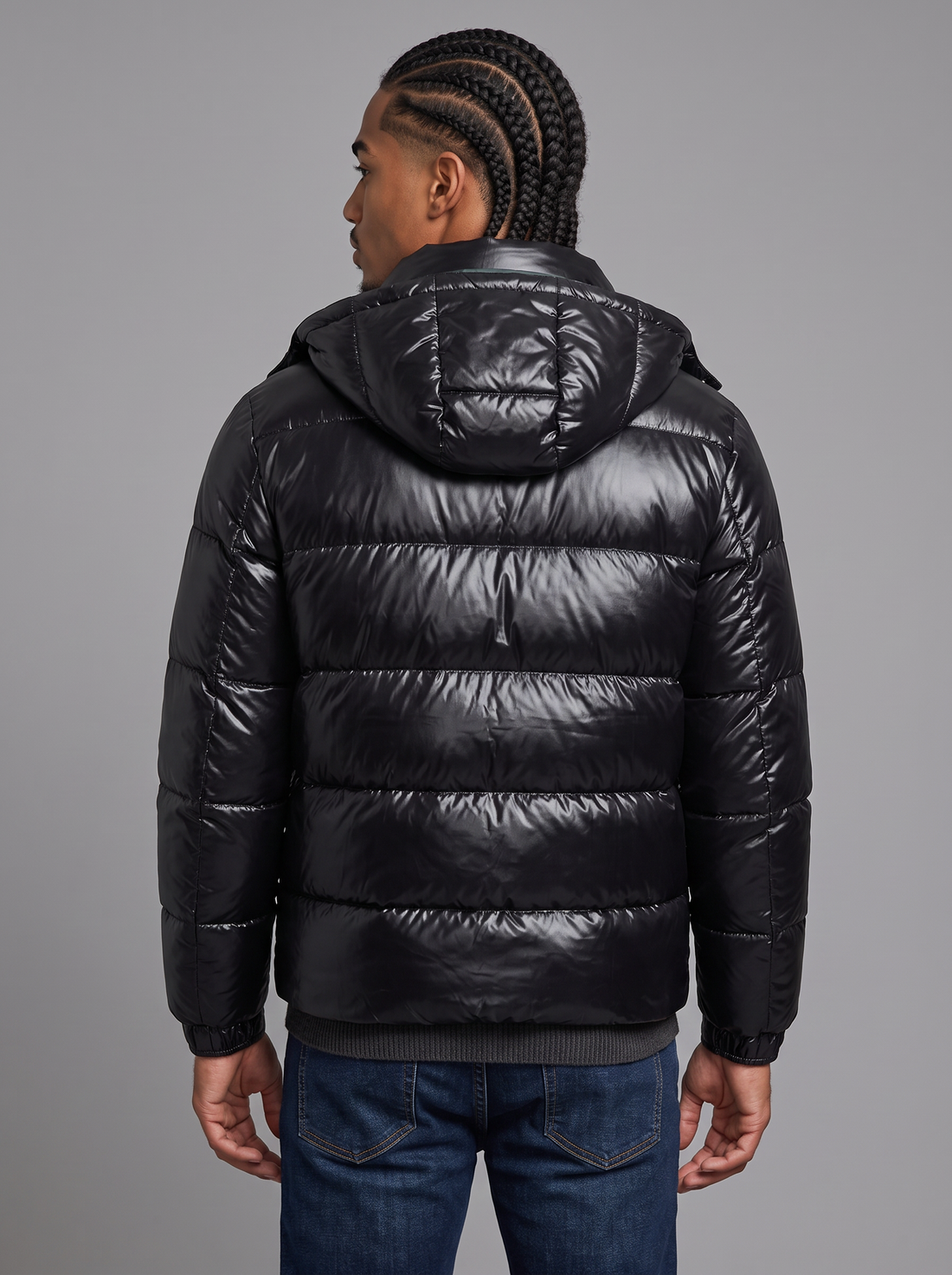 Men's black glossy hooded puffer jacket, front view