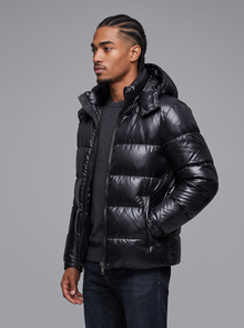Men's black glossy hooded puffer jacket, side view with hood up