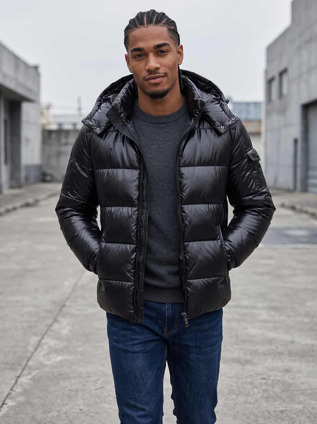Man walking in a black glossy hooded puffer jacket on a city street