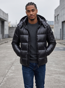 Man walking in a black glossy hooded puffer jacket on a city street