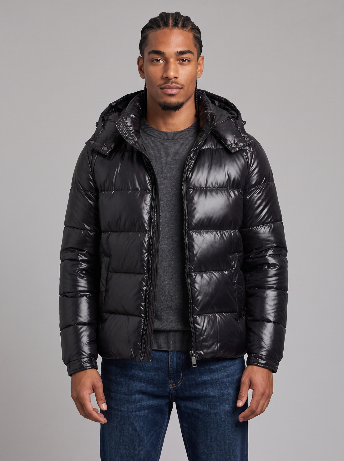 Men's black glossy hooded puffer jacket, front view