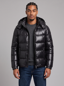 Men's black glossy hooded puffer jacket, front view