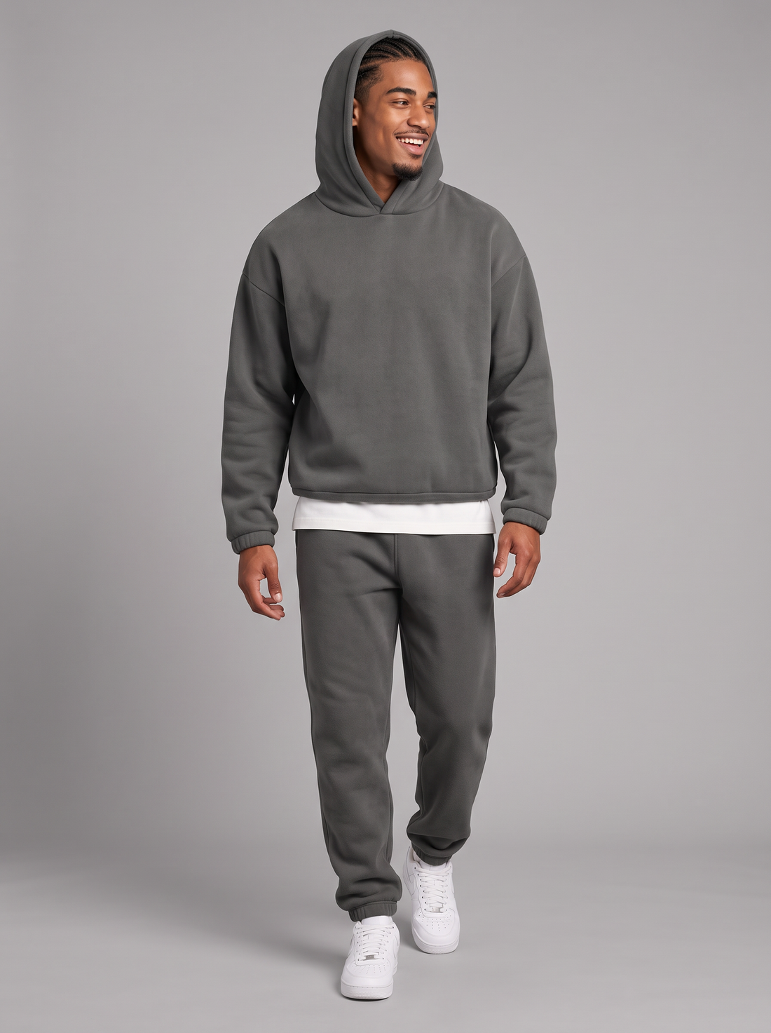 Men's dark grey oversized hoodie and tapered joggers tracksuit set