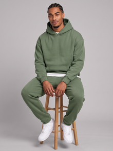 Men's army green oversized hoodie and tapered joggers tracksuit set