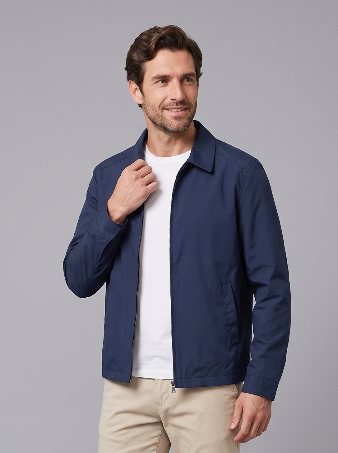 Men's navy lightweight cotton-blend zip jacket