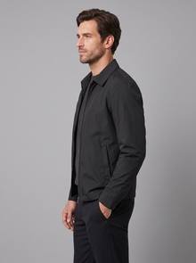 Men's black lightweight cotton-blend zip jacket, side view