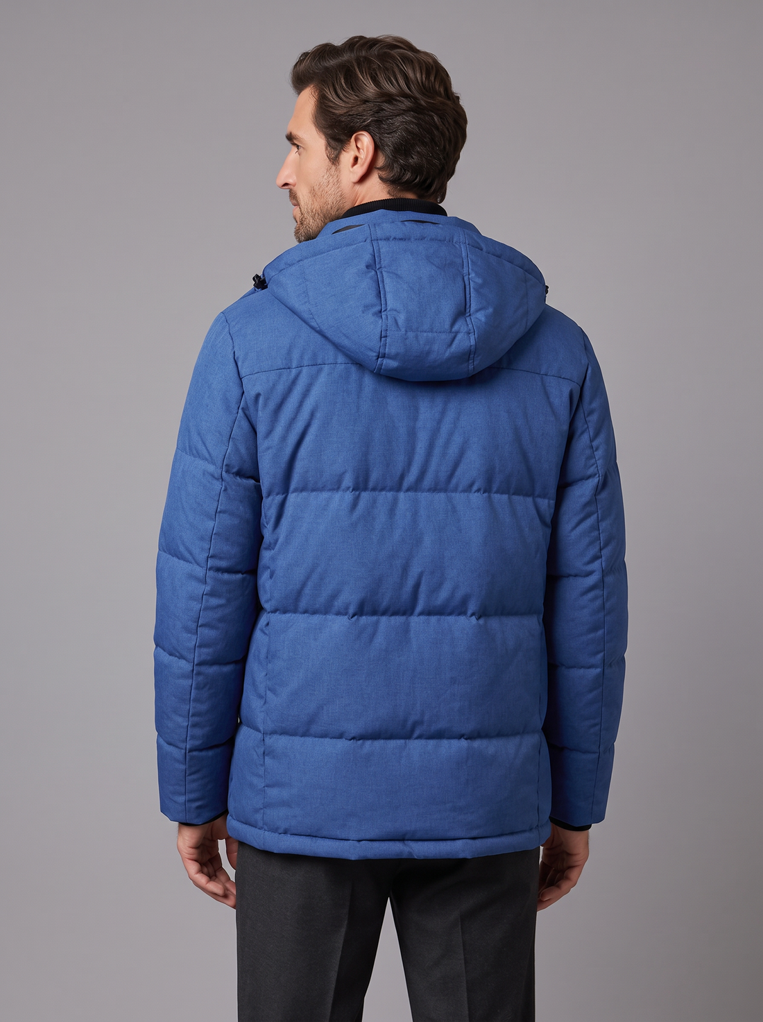 Men's blue insulated hooded parka, front view