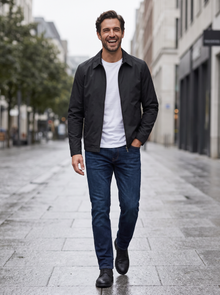 Man walking in a black lightweight zip jacket on a city street