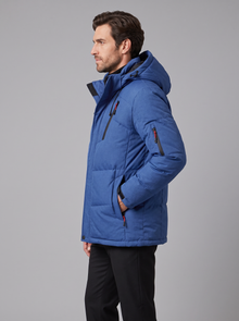 Men's blue insulated hooded parka, side view with hood up
