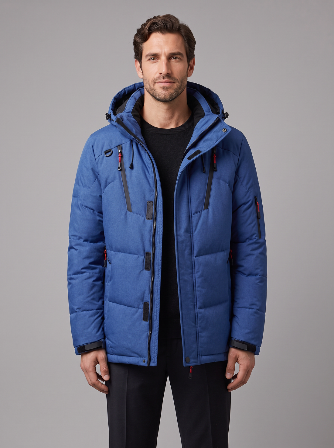 Men's blue insulated hooded parka, front view