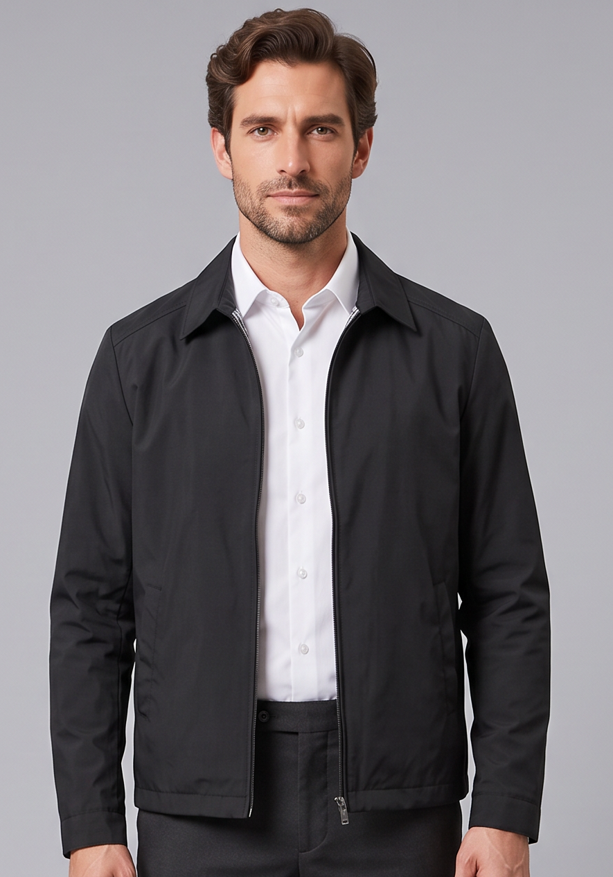 Men's black lightweight cotton-blend jacket worn open over a white shirt, front view