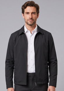 Men's black lightweight cotton-blend jacket worn open over a white shirt, front view
