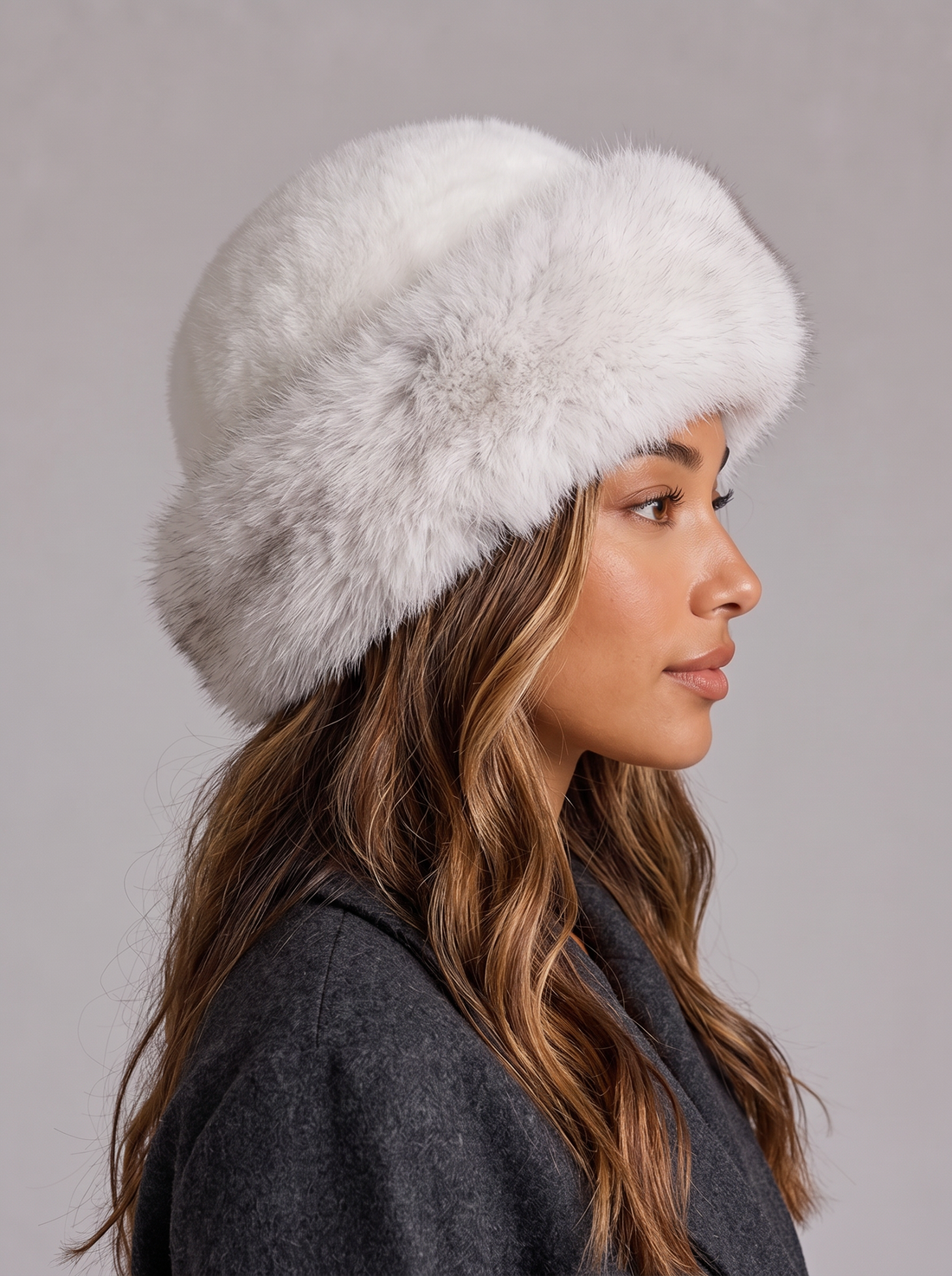 White faux fur Mongolian hat with ear flaps on a grey background