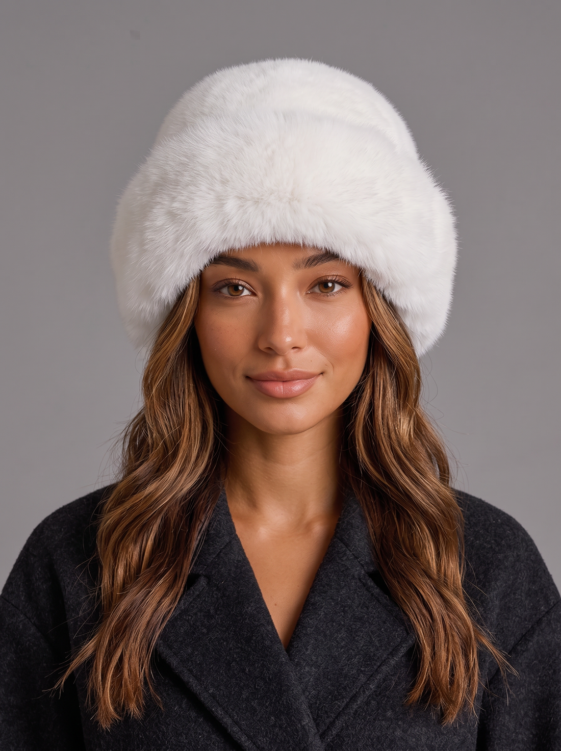 Woman wearing a white faux fur hat with a rolled brim, front view