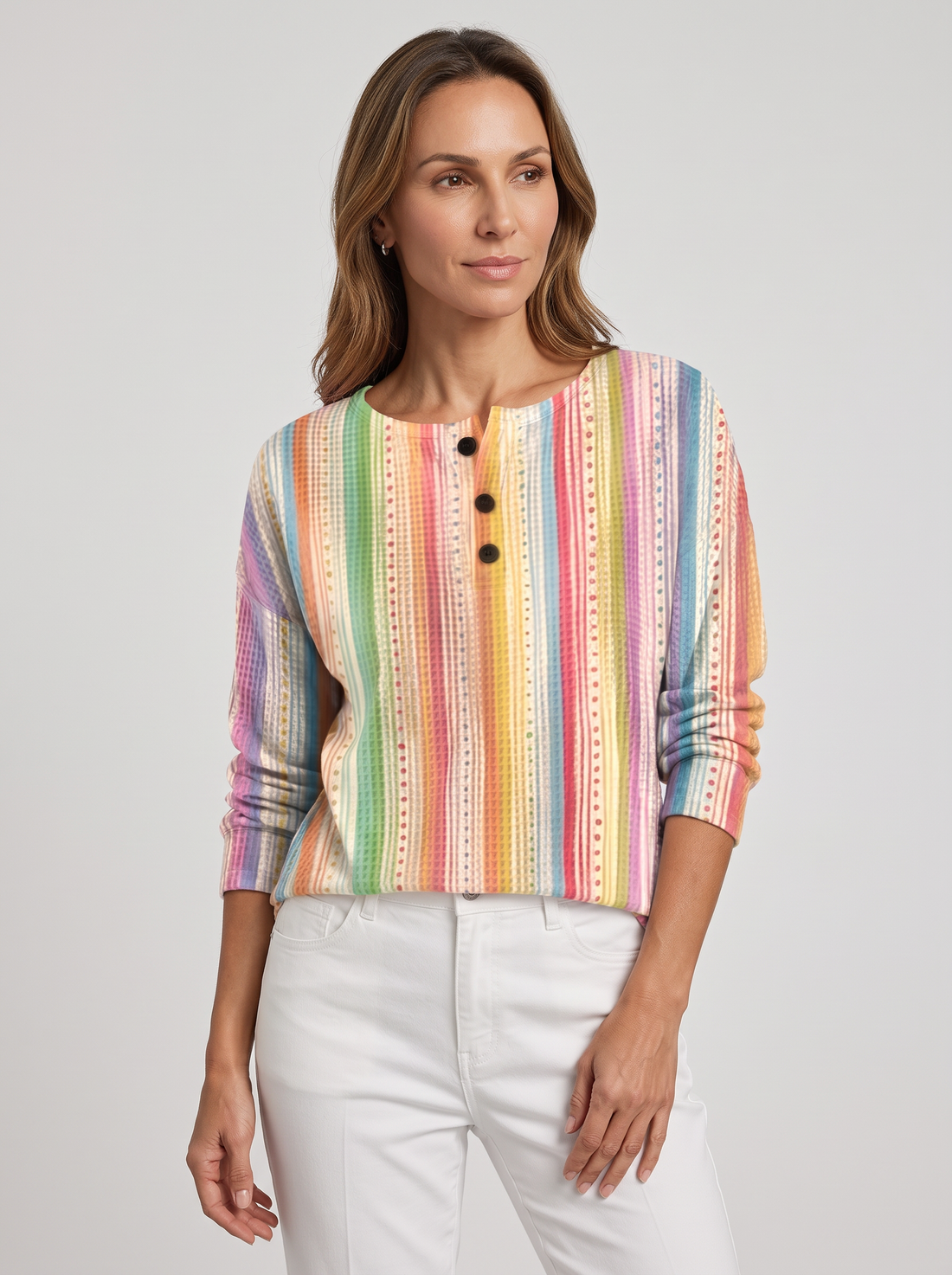 Women's Waffle Knit Jumper in Rainbow Stripe