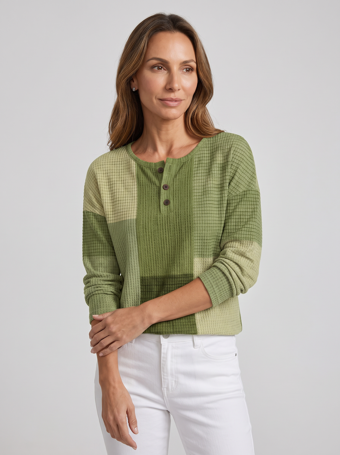 Women's Waffle Knit Jumper in Green Patchwork