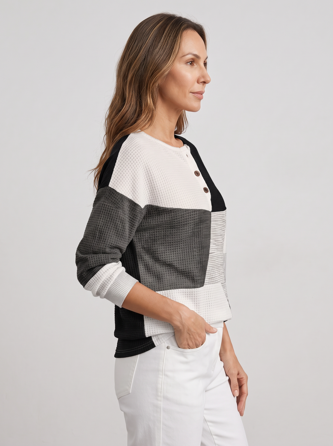 Women's Waffle Knit Jumper in Black & White Colour Block – front view