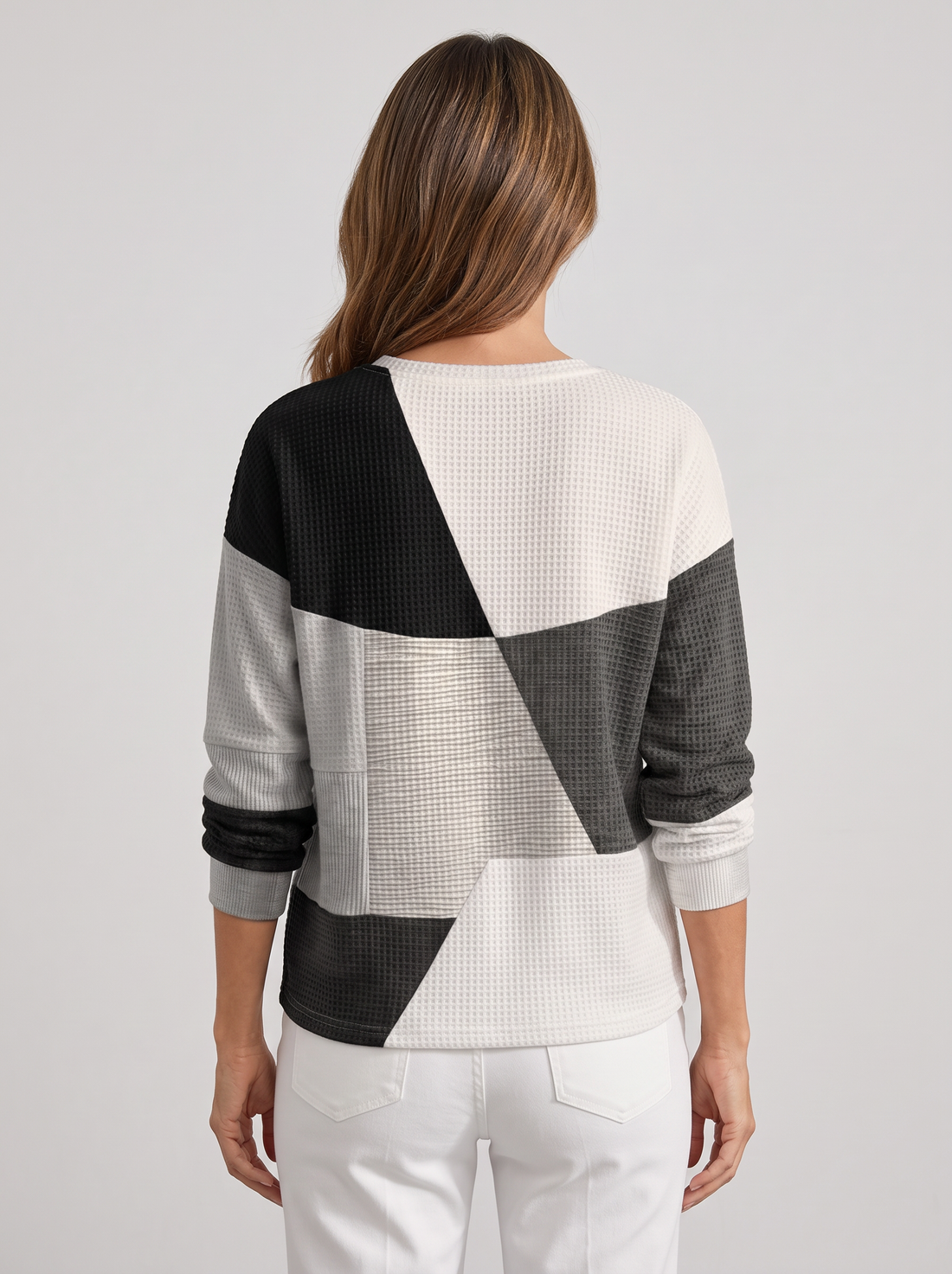 Women's Waffle Knit Jumper in Black & White Colour Block – back view