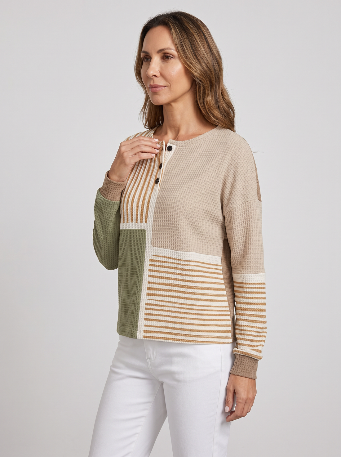 Women's Waffle Knit Jumper in Sage Patchwork