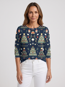Women's Waffle Knit Jumper in Navy Christmas Print