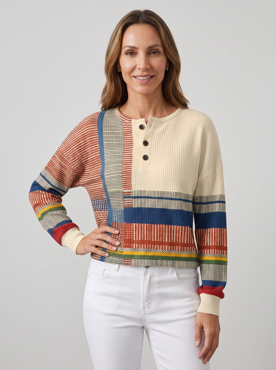 Women's Waffle Knit Jumper in Cream Multi Stripe