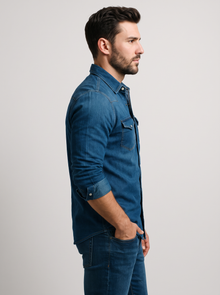 Men's Denim Shirt in Dark Blue – side view