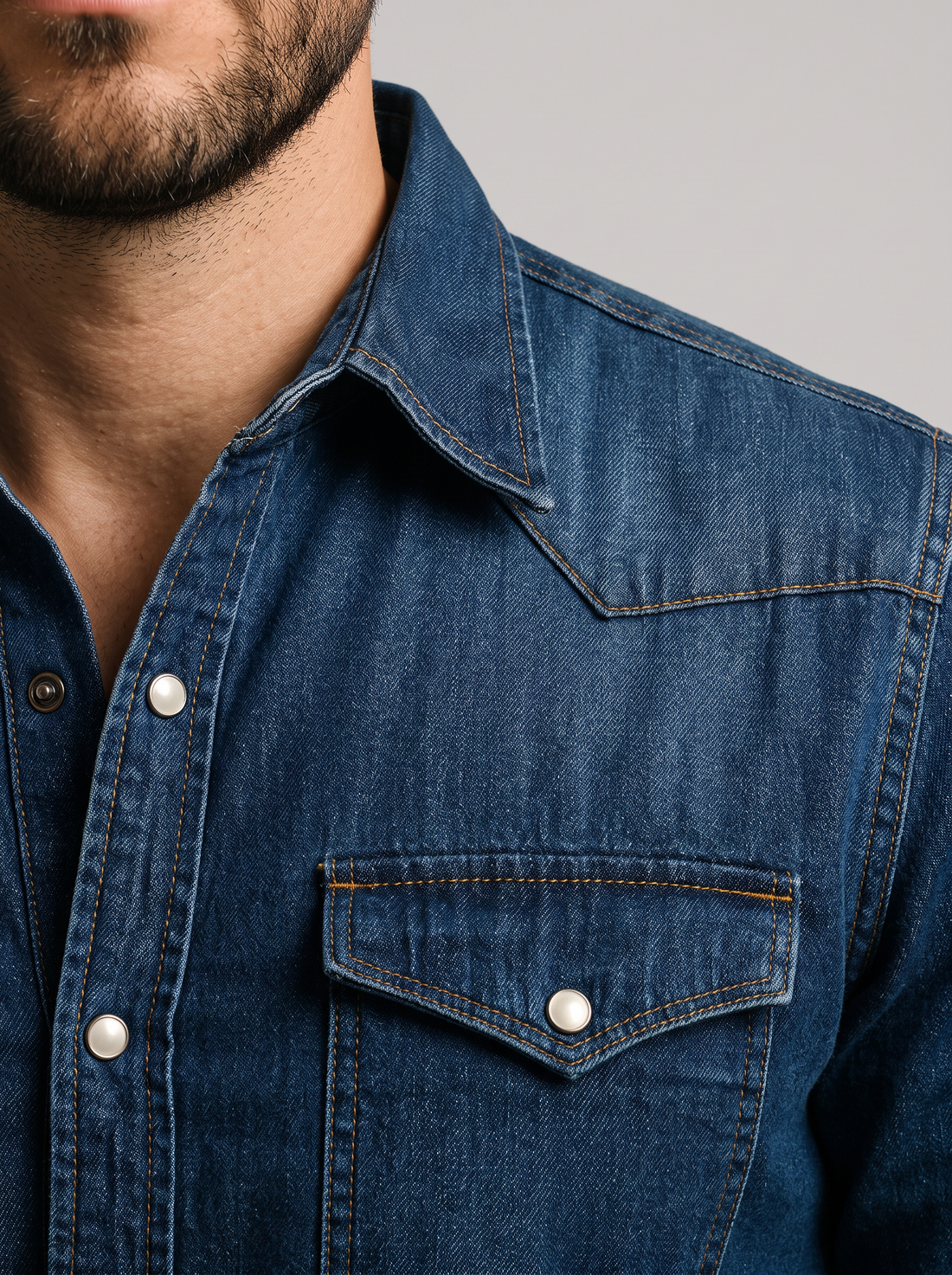 Men's Denim Shirt – western pocket and snap close-up