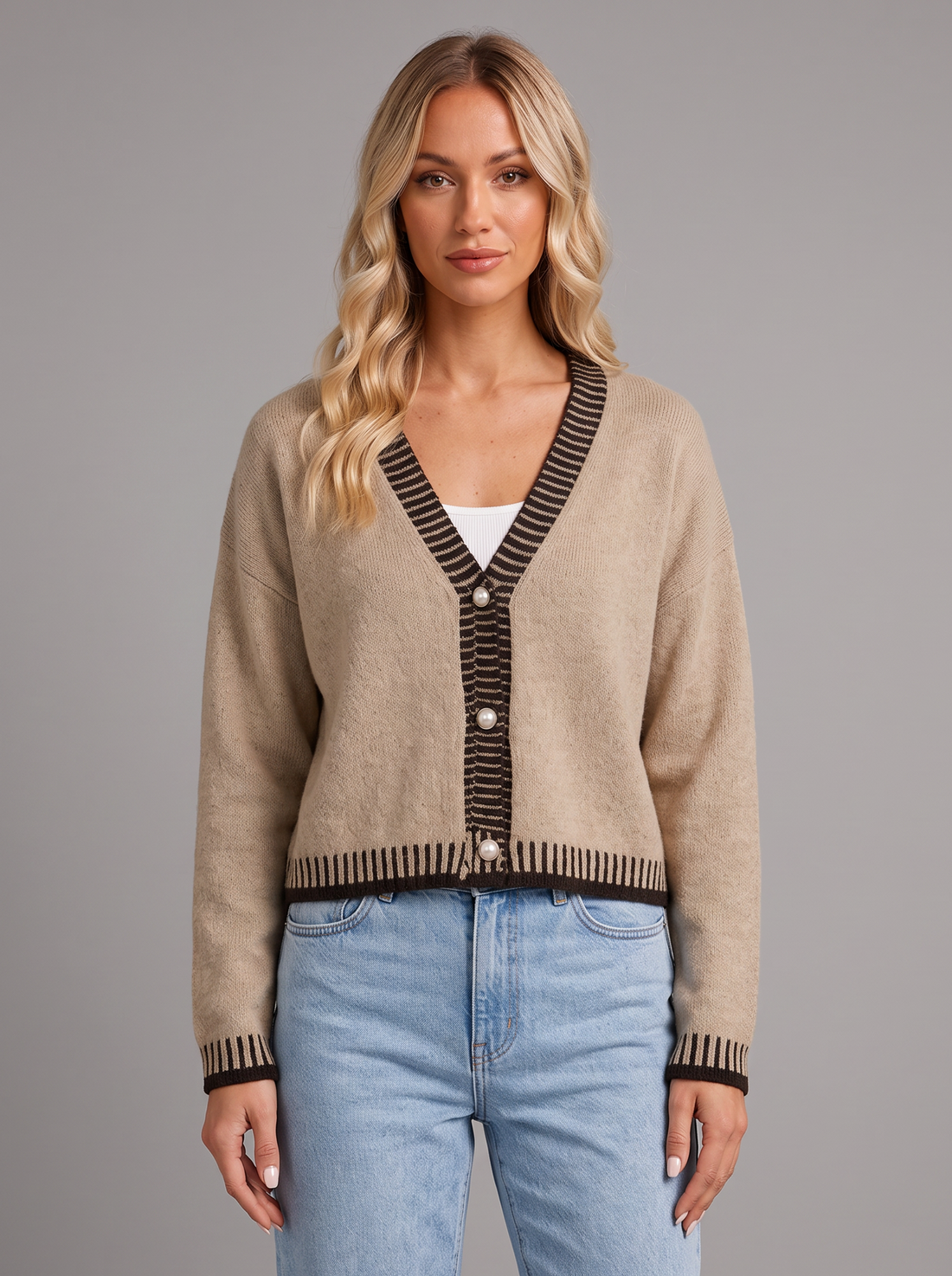 Woman wearing a khaki cropped V-neck cardigan with dark contrast trim, front view