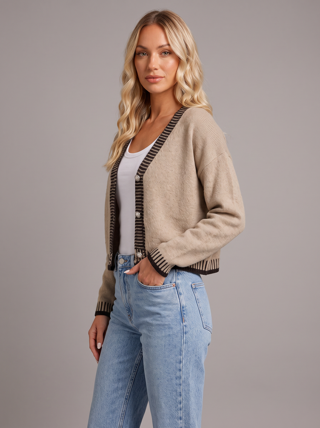 Khaki cropped V-neck cardigan with pearl buttons, side view