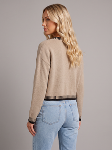 Khaki cropped contrast trim cardigan, back view