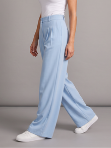 Sky blue pleated wide leg trousers, side view