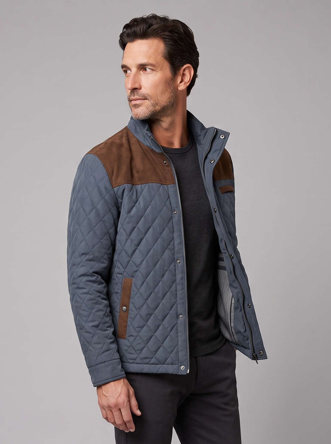 Diamond quilted stand collar jacket, side view with lining