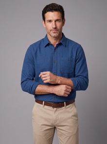 Man wearing a brook blue flannel shirt