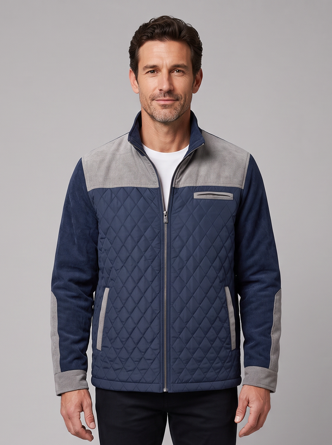 Man wearing a navy diamond quilted jacket with light grey contrast panels