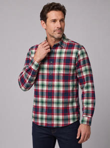Man wearing a chili red plaid flannel shirt