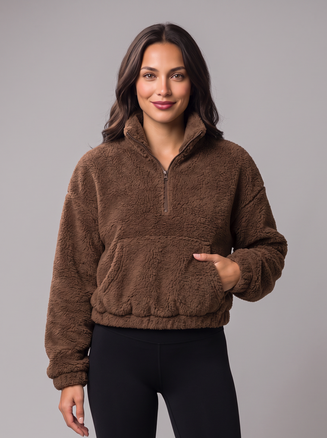 Woman wearing brown teddy fleece half-zip jumper with kangaroo pocket, front view