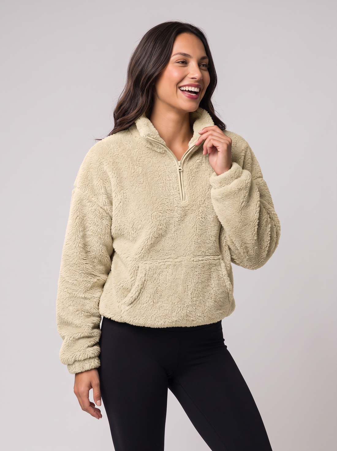 Women's fleece half-zip jumper in beige with funnel collar