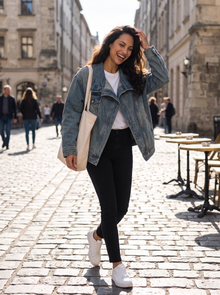 Woman walking in the city in oversized blue denim jacket with tote bag