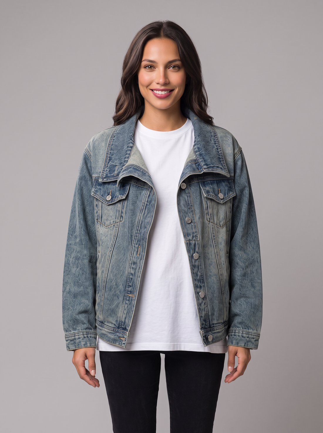 Woman wearing oversized high neck blue denim jacket, front view