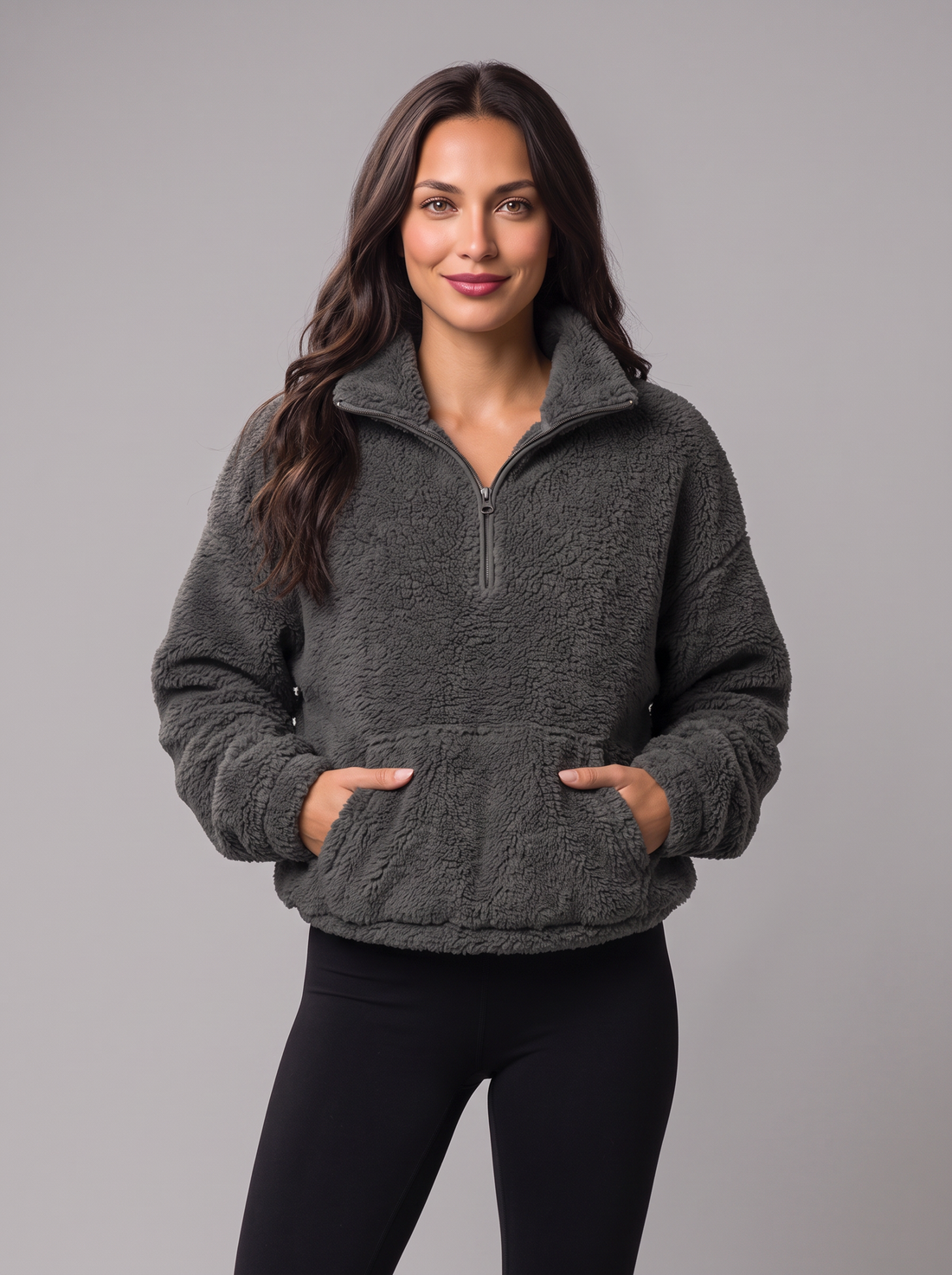 Women's fleece half-zip jumper in grey with kangaroo pocket