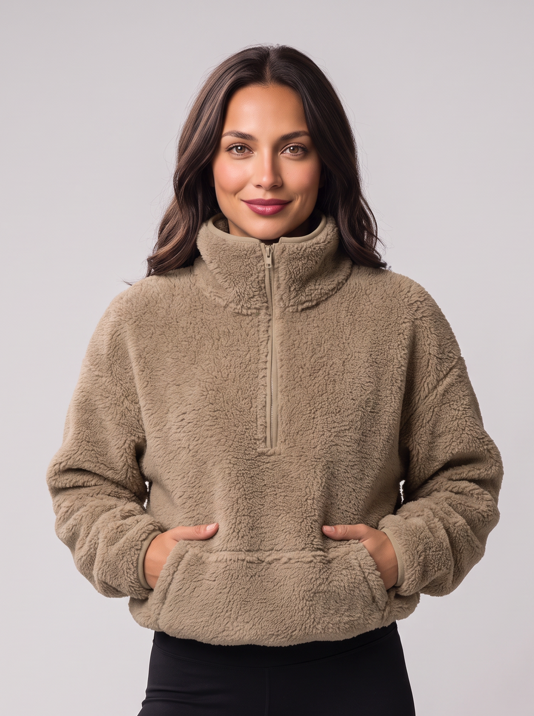 Women's fleece half-zip jumper in khaki with kangaroo pocket